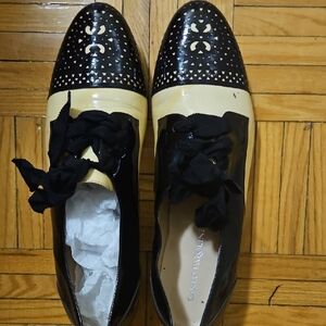 Two-Tone Patent Lace-Up Oxfords in Black & Cream